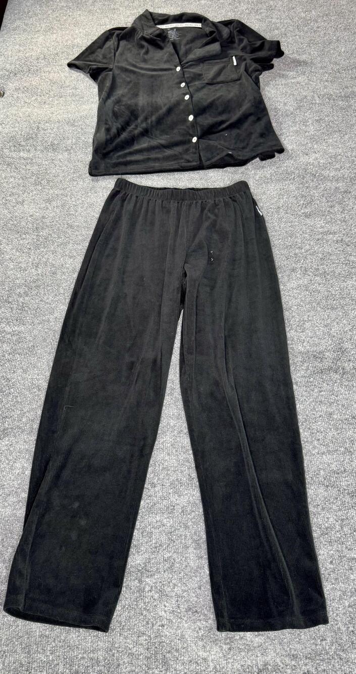 Nine West Pajama Set Womens Large Black Velour Short Sleeve Button Front Lounge